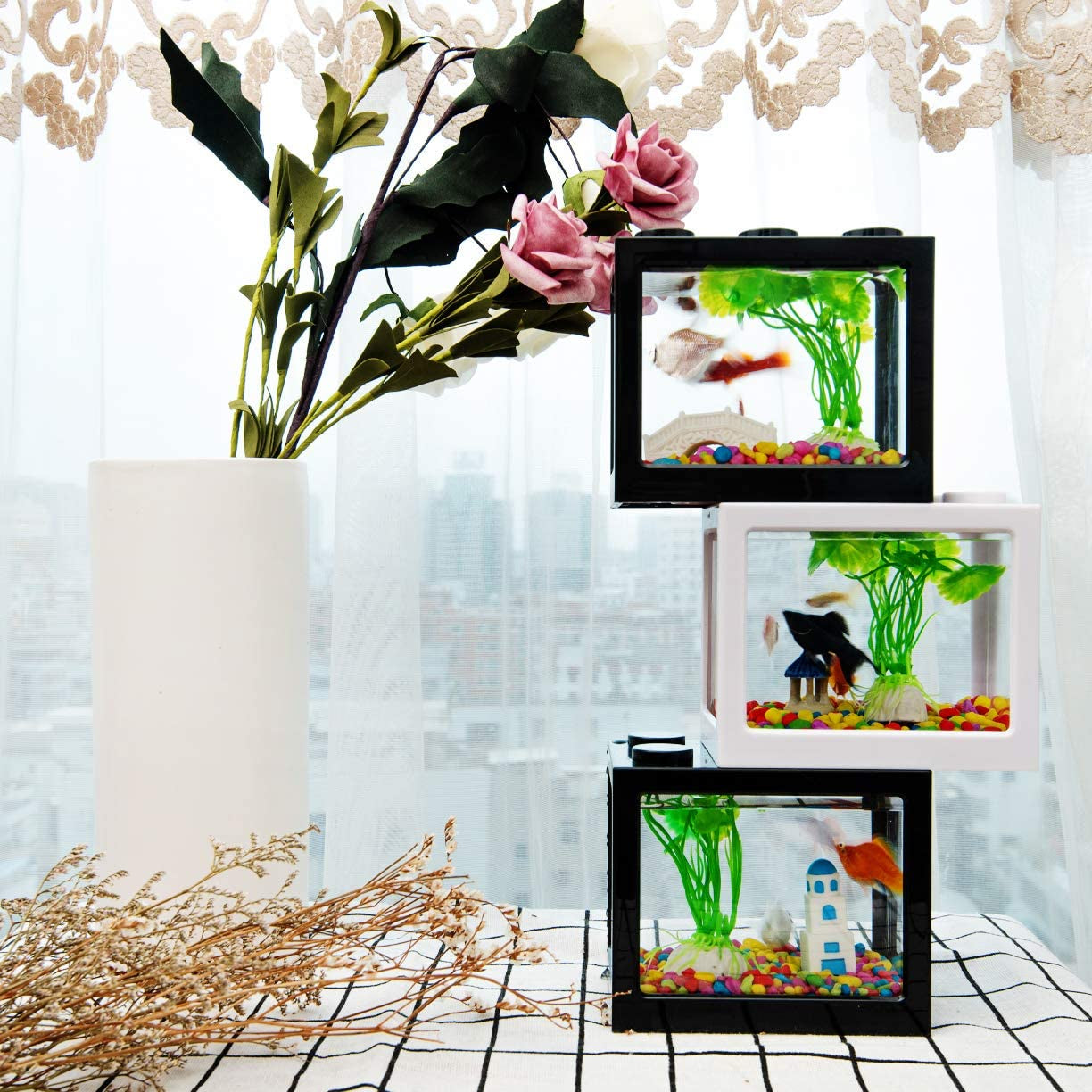 Small Betta Fish Tank,Fish Bow Aquarium with Gravel Plants Rocks Feeder,Small Fish Tank for Turtle Reptile Jellyfish Goldfish,Lb